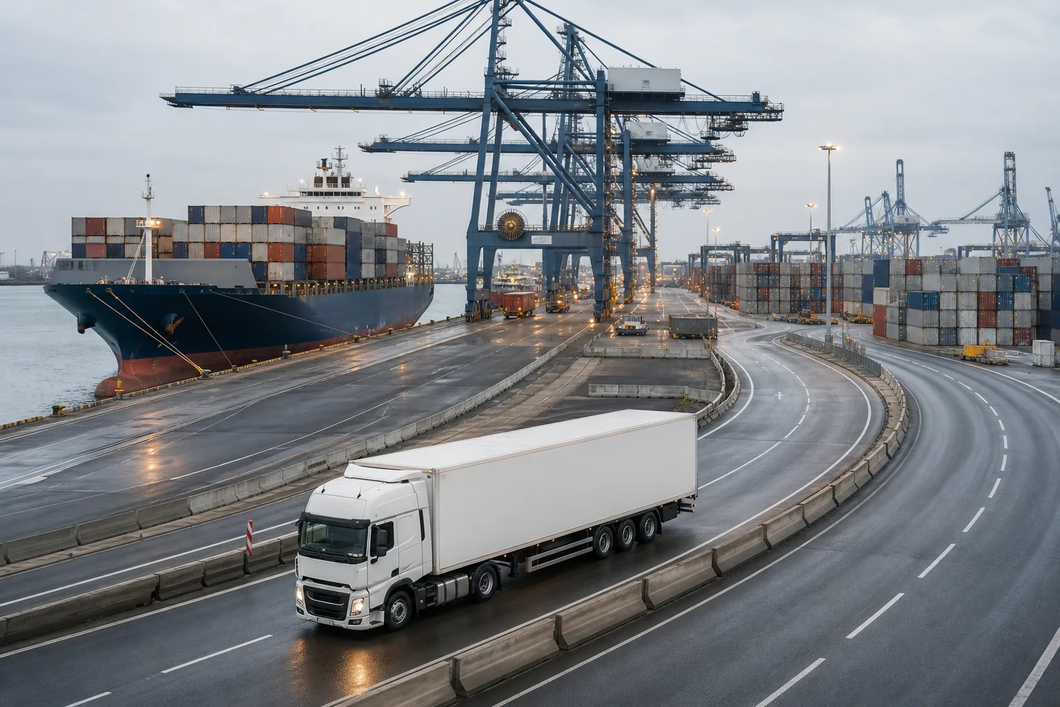 Unbranded freight truck traveling through a modern commercial port