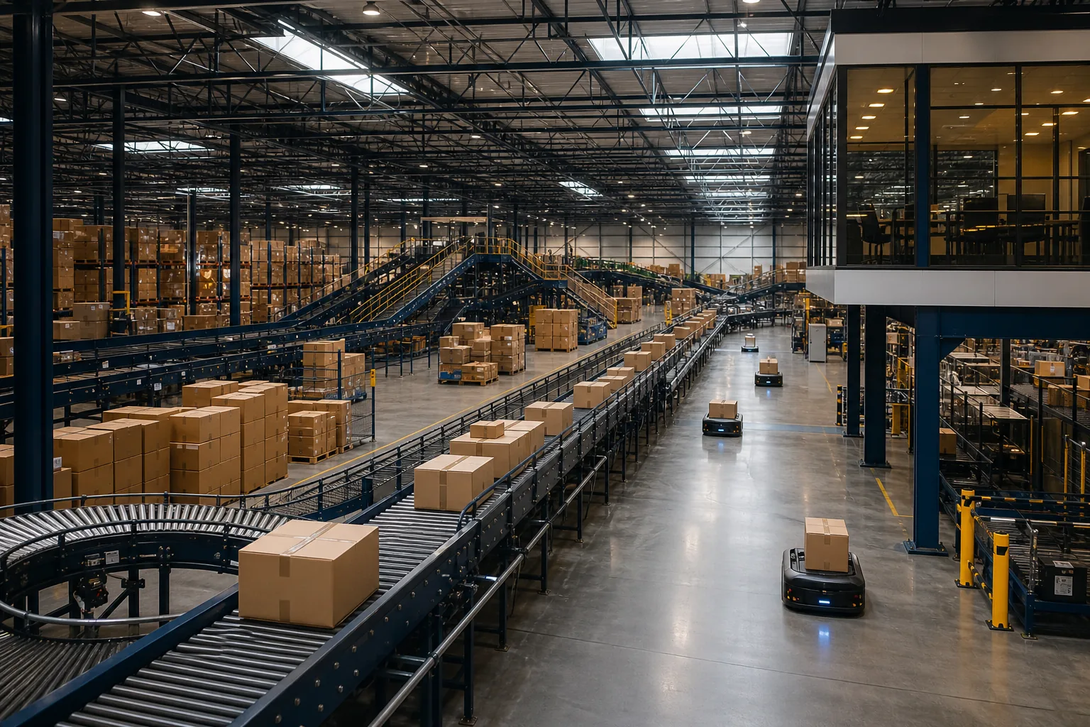 Automated commercial warehouse coordinating neutral cartons through a controlled fulfillment flow